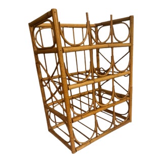 Vintage Bent Rattan Bamboo 12-Bottle Wine Rack - Coastal Boho For Sale