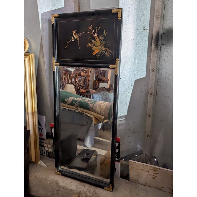 Chinoiserie Vintage Chinoiserie Black Lacquer Mirror | Hand-Painted Bird & Blossom Panel With Brass Corners For Sale - Image 3 of 6