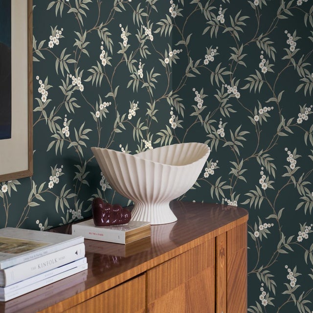 English Sample - Boråstapeter Floral Tree Wallcovering In Spruce For Sale - Image 3 of 5
