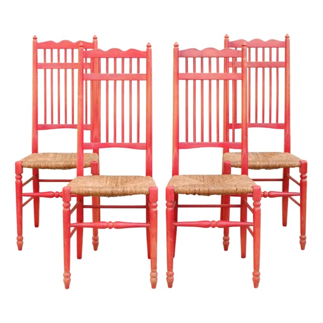 Dutch Red Lacquered Dining Chairs with Rush Seats, 1970s, Set of 4 For Sale