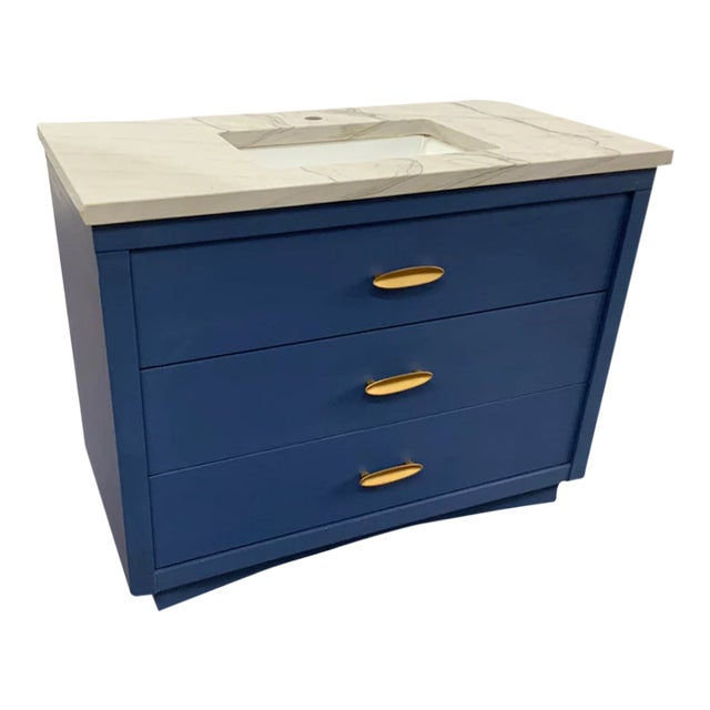 Vintage Bow-Front Navy Blue Bathroom Vanity With Stone Top & Brass Hardware For Sale