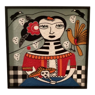 Frida Kahlo Picasso Inspired Yarn Fiber Knit Wall Art Day of the Dead Hispanic Skull Graphics Tropical Bird For Sale