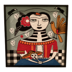 Frida Kahlo Picasso Inspired Yarn Fiber Knit Wall Art Day of the Dead Hispanic Skull Graphics Tropical Bird