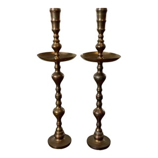 Large Pair Mid 20th Century Etched Brass Pillar Floor Candle Holders With Candles For Sale