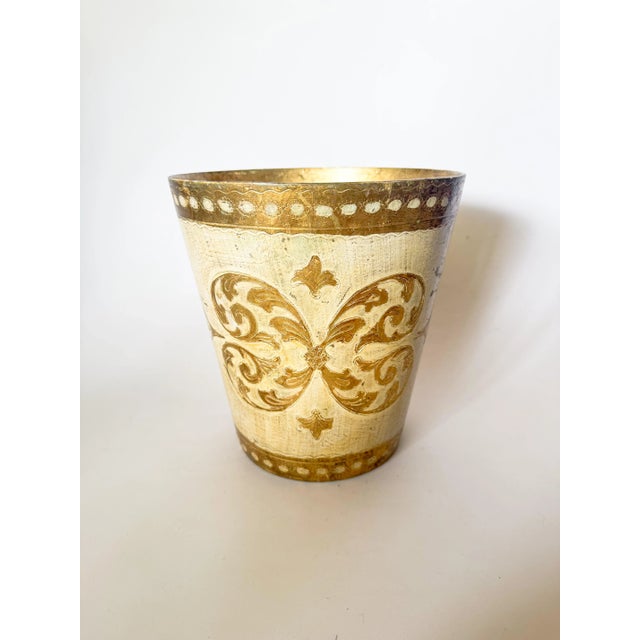 Charming vintage Mid Century Florentine Gilt Wastebasket, perfect for your elegant office or powder bath, in the classic...