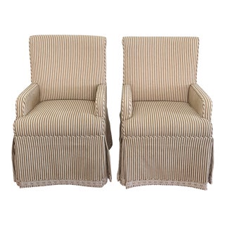 Upholstered Skirted Armchairs With Trim Detail - a Pair For Sale