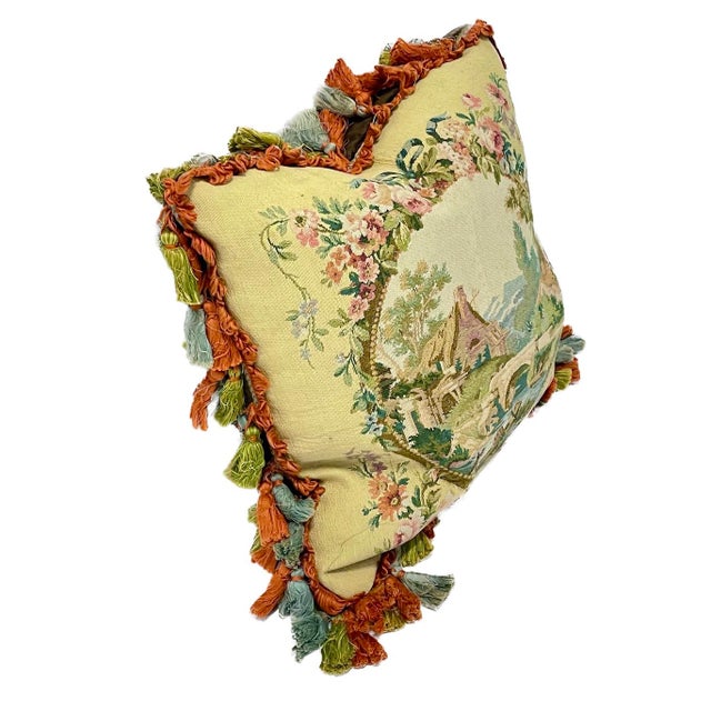 Vintage cottage scene needlepoint pillow with tassel trim. Brown velvet back. Down fill and no zipper closure