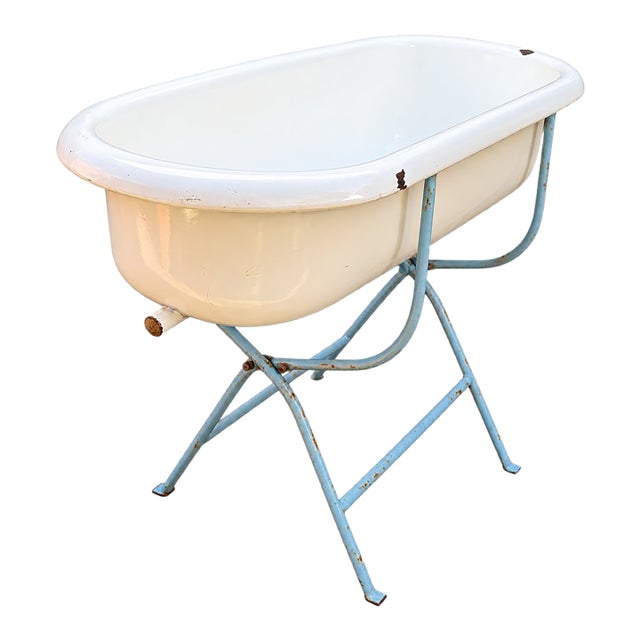 Vintage Hungarian White Enamel Bathtub With Pale Blue Metal Stand For Sale