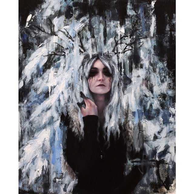 Within the Hollow by Morgan Cameron | Oil on panel Woman with long hair and antlers in a dark forest setting For Sale