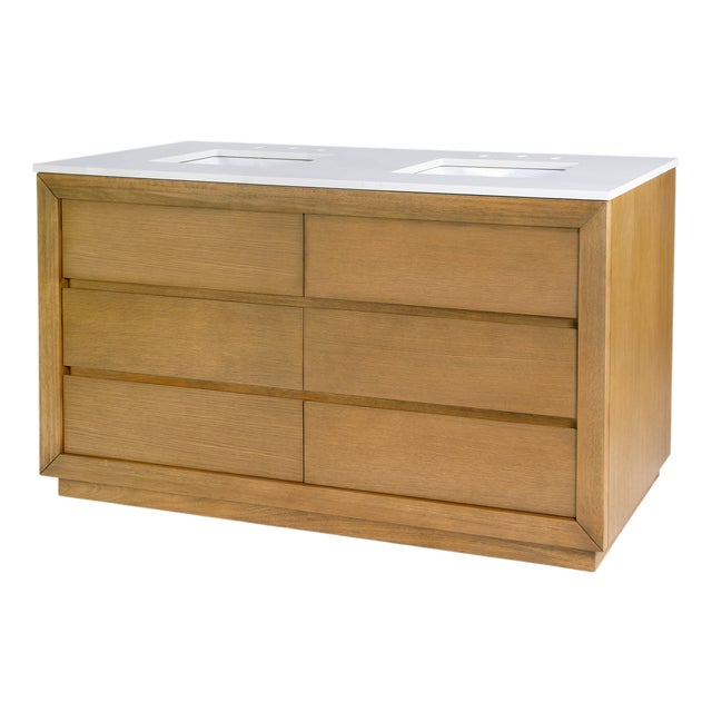 Brady 60 in. W Wood & Quartz Double Sink Bathroom Vanity, Light Natural For Sale