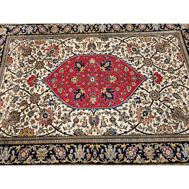 Vintage Persian Qum Area Rug, Hand-Knotted Wool & Silk, Floral Medallion Pattern, 5x7, Ivory & Red For Sale - Image 15 of 18