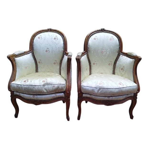 Louis XV Style Bergère Armchairs in Silk, Set of 2 For Sale