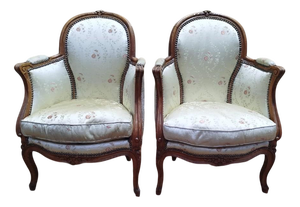 Louis XV Style Bergère Armchairs in Silk, Set of 2