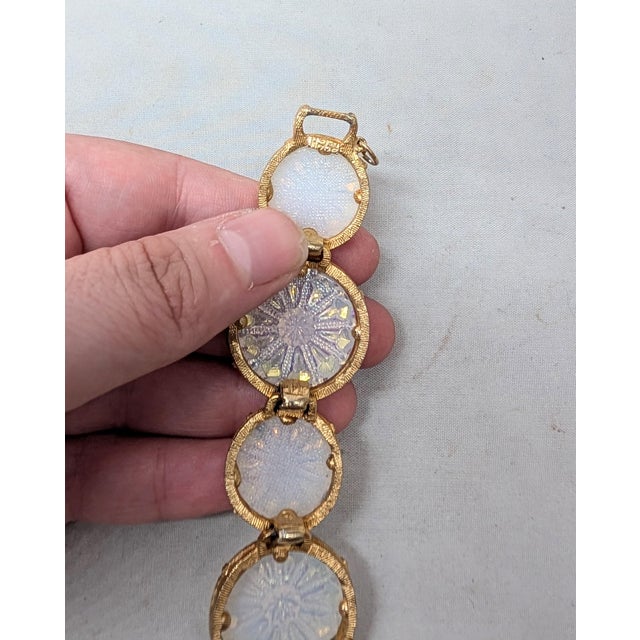 White Vintage 1960s Signed Hobe Goldtone Round Iridescent Rhinestone Link Bracelet For Sale - Image 8 of 9