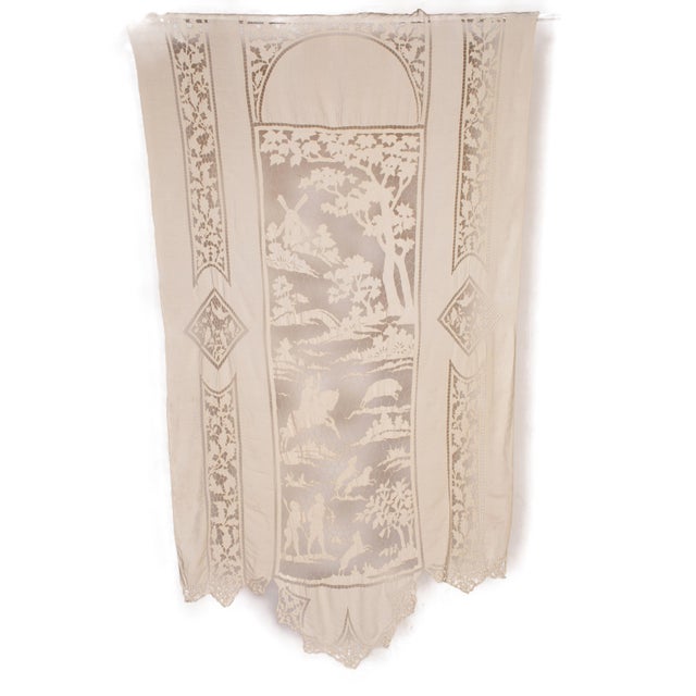 Textile Morphew Abode 1900s Beige Folk Art Linen Hand Made Lace Panel From Brussells For Sale - Image 7 of 8