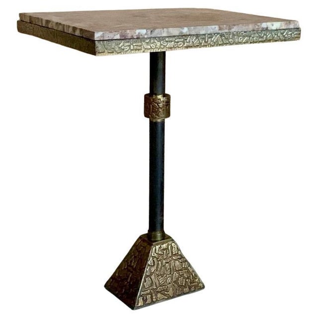 Side table, granite, metal, brass, Italy, 1950s This side table features a pink granite tabletop in square format. The...