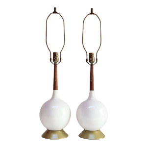 Pair of Vintage Orb Vasiform White Porcelain Ceramic and Walnut Table Lamps