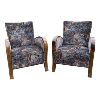 Art Deco Lounge Chairs with Curved Wooden Arms, 1930s, Set of 2 For Sale