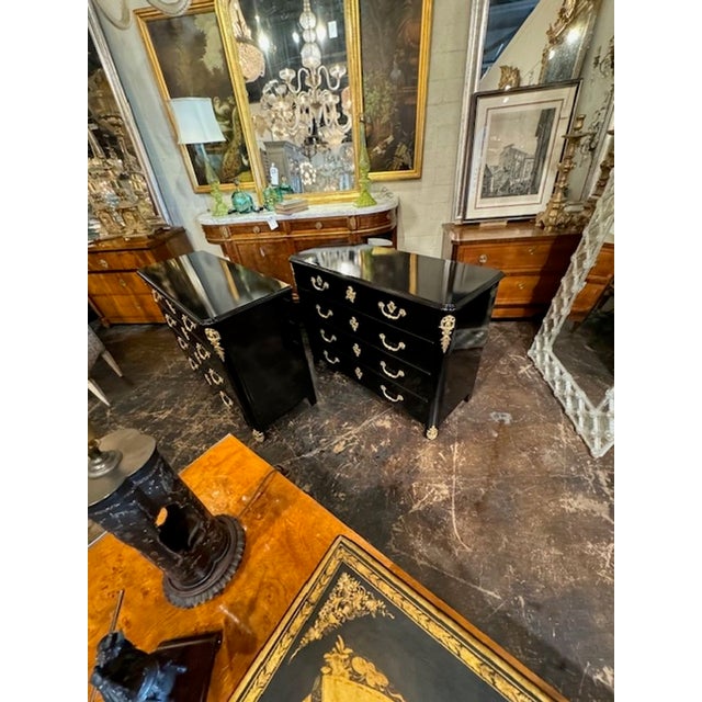 Pair of 20th Century French Regence' Black Lacquer and Gilt Bronze Commodes For Sale - Image 10 of 12