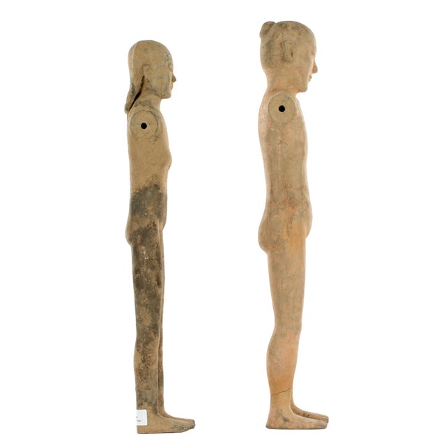 Chinese, Han Dynasty, 220 BC - 220 AD, pair terracotta / pottery mingqi Slender Tomb Standing Figures, very slight traces...