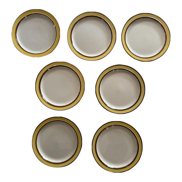 Vintage Mid-Century Modern Rainbow Stoneware Salad Plates – Citron Pattern, Set of 7 For Sale