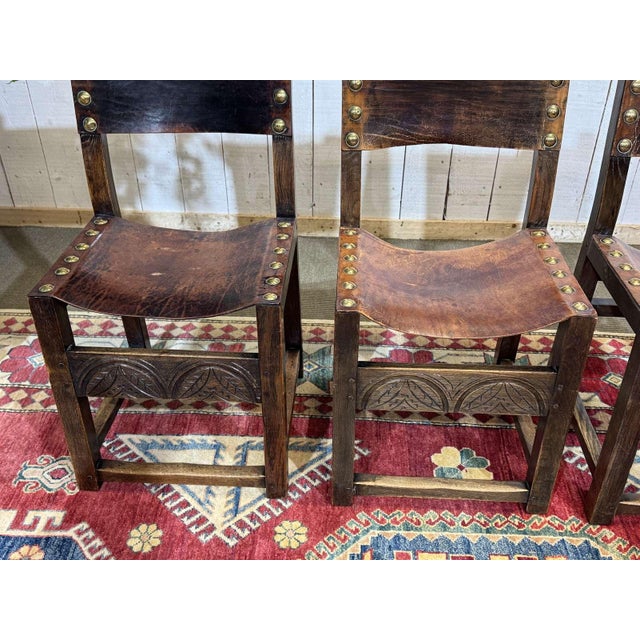 Brown Antique English Chairs in Oak and Leather, 1800s, Set of 6 For Sale - Image 8 of 18
