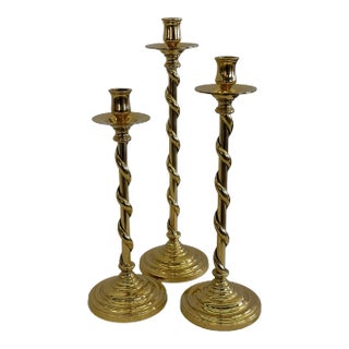 Set of Three Mid 20th Century Brass Barley Twist Candlesticks For Sale