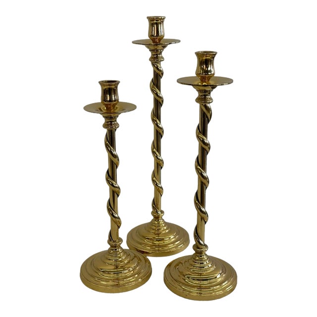 Set of Three Mid 20th Century Brass Barley Twist Candlesticks For Sale