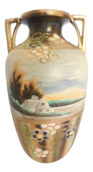 1920's Japanese Scenic Porcelain Pottery Asian Vase, Made in Japan