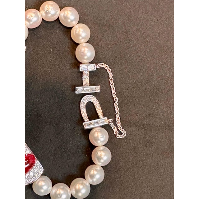 Red GIA Certified Burma No Heat Natural Spinel & Diamond & Pearl Bracelet, 18KWG For Sale - Image 8 of 18