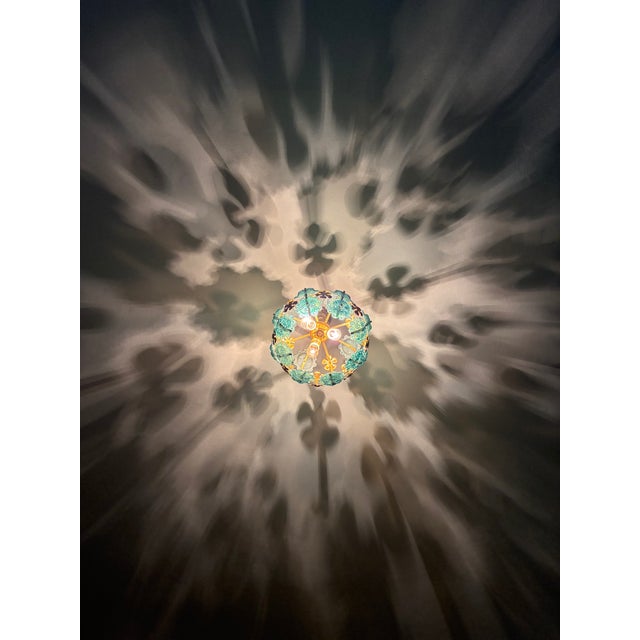 Metal 1970s Mid-Century Modern Style Teal Turquoise Hand-Painted Glass and Gold Floral Chandelier⁠ For Sale - Image 7 of 17