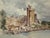 Original watercolor on paper depicting a fortified tower or castle beside a body of water, with adjoining buildings, rocky...