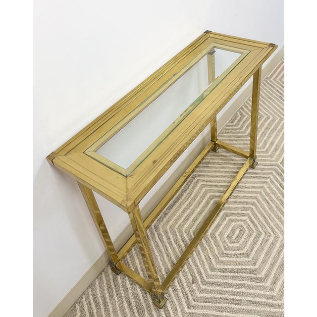 Metal Vintage MCM Brass Console Table Glass Top Hollywood Regency Sofa Table Coastal For Sale - Image 7 of 14