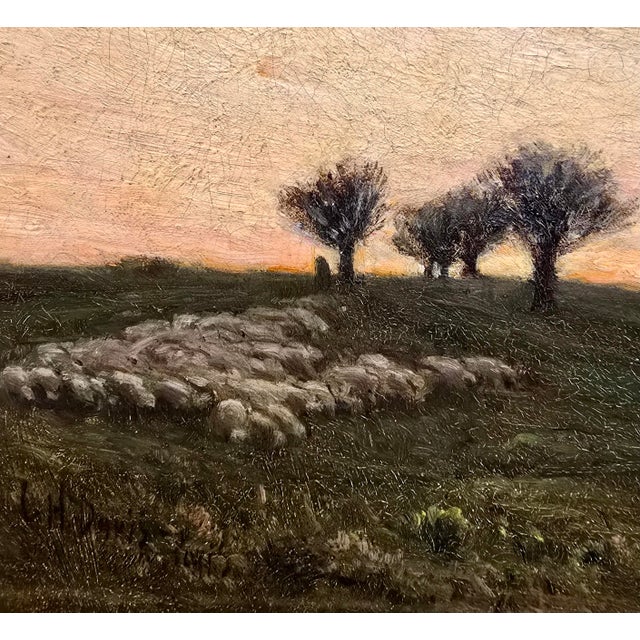 Charles Harold Davis-Dusk Pastoral Meadow W/Grazing Sheep-American Tonalist Oil Painting For Sale - Image 9 of 12