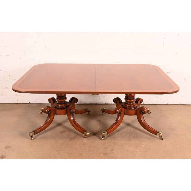 Wood Baker Furniture Style Georgian Banded Mahogany Double Pedestal Dining Table, Newly Refinished For Sale - Image 7 of 15