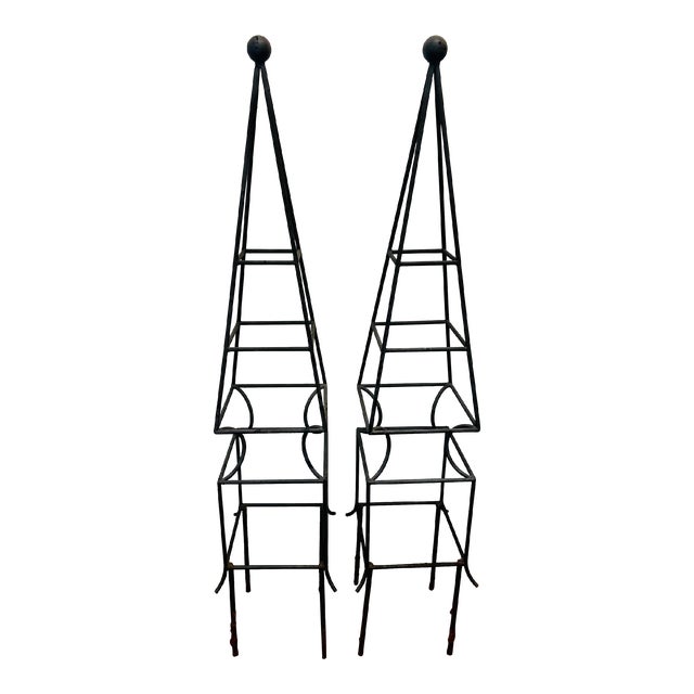 Pair of Obelisk Shaped Garden Topiary Forms in Wrought Iron For Sale