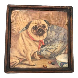 Antique Wood Tray W/Pug Dog Portrait Painting For Sale