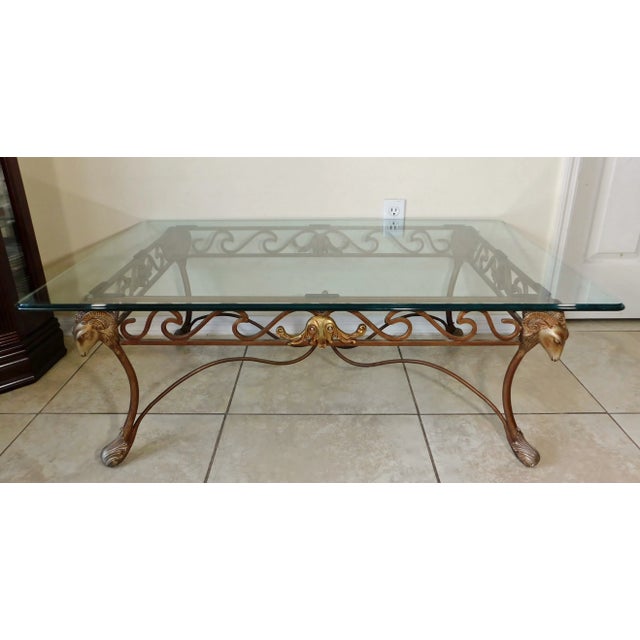 Coffee Vintage Neoclassical Wrought Iron Sculptural Ram's Head Thick Glass Top Coffee Table For Sale - Image 8 of 13