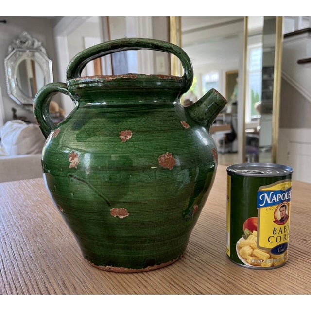 This charming antique French gargoulette (traditional water/wine pitcher) features a rich green glaze over heavy...