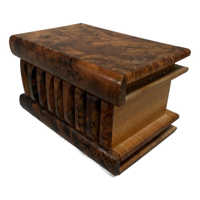 Early 20th Century Vintage Moroccan Book-Form Burlwood Box in Burled Amboyna For Sale