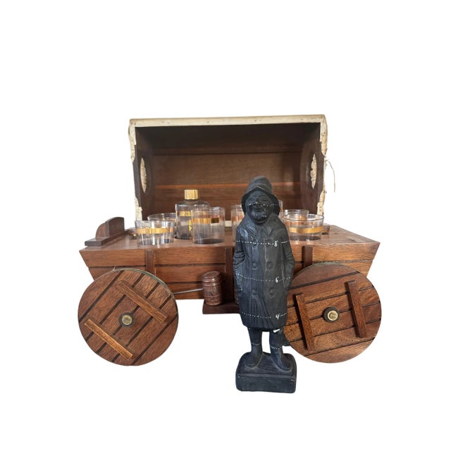 Wood Vintage Tabletop Covered-Wagon Western Flip-Top Bar With Scotch Whiskey Glasses & Bar Tools- 20 Pieces For Sale - Image 7 of 12