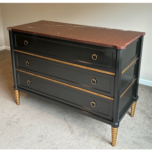 Wood Late 20th Century Baker Black & Gilt 3-Drawer Marble Top Chest / Dresser – Neoclassical Hollywood Regency Style For Sale - Image 7 of 8