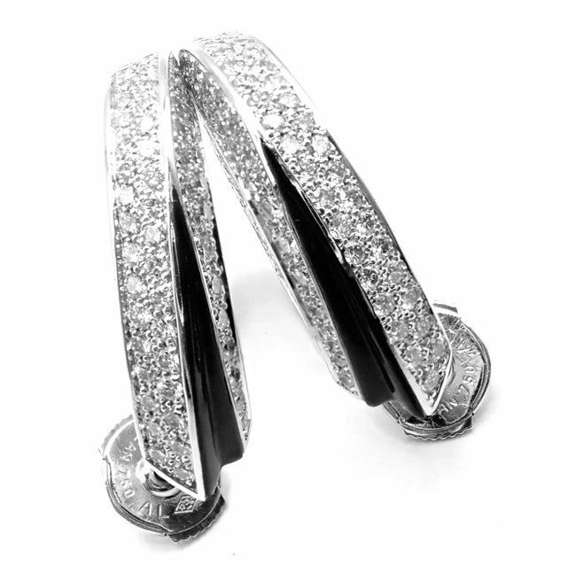 Cartier Panthere 18k White Gold Diamond Onyx Hoop Earrings For Sale - Image 12 of 12