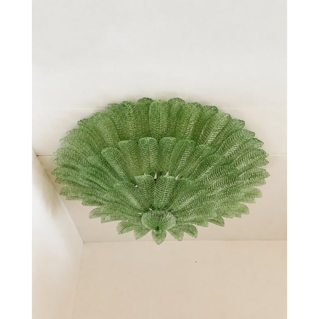 Mid-Century Modern Monumental Imperial Luxury Venetian Green ” Leaves Graniglia” Murano Glass Flush Mount in Mazzega Zuccheri Venini Barovier Style For Sale - Image 3 of 6