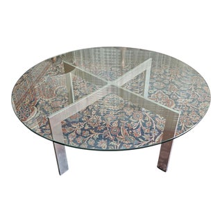 1970s Chrome X-Base Thick Round Glass Top Coffee Table For Sale