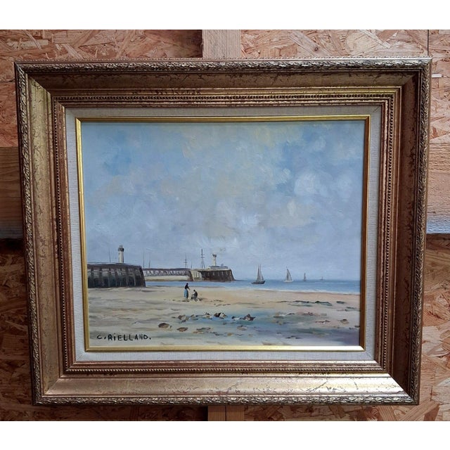 Blue Christophe Rielland, View of a Port and Lively Beach, Oil on Canvas, Framed For Sale - Image 8 of 9