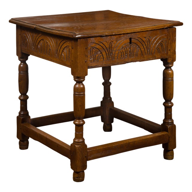 English 1800s Georgian Period Carved Oak Table with Lift Top and Turned Base For Sale