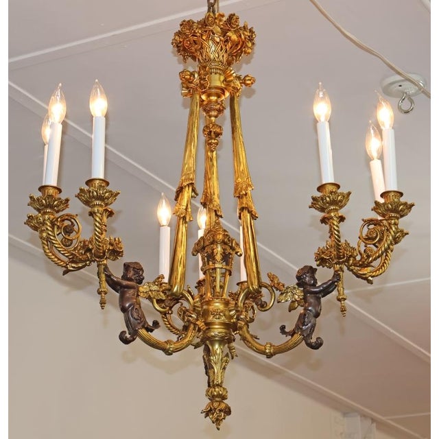 Late 19th Century French Belle Epoque Bronze Putti Cherub 9 Light Chandelier For Sale In New York - Image 6 of 18