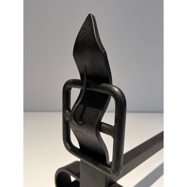 Modernist Belt Andirons in Cast Iron and Wrought Iron - a Pair For Sale - Image 12 of 12