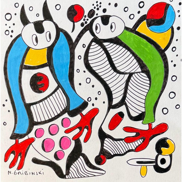 The Horned One and the Dreamer — Nathalie Gribinski — Small Abstract Figurative Drawing (8 X 8 In, 2025) For Sale